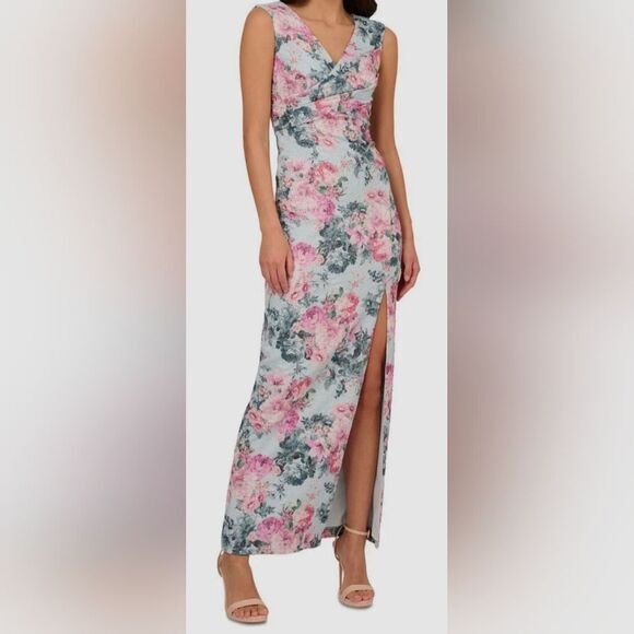 Adrianna Papell Blue/Pink Floral Metallic Jacquard Gown Dress NWT Size 12 - Picture 1 of 6